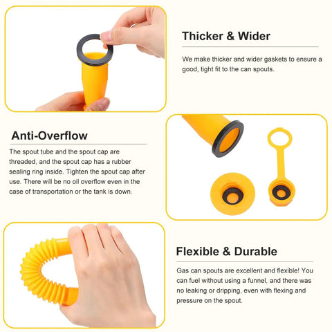 Gas Can Spout Replacement Kit With Nozzles Caps Gaskets And Drill Bit For Most One Half Gallon, Five Gallon And Ten Gallon Oil Cans displayed with features like anti-overflow and flexibility.