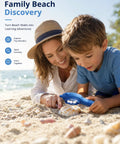 Go-To Pocket Sized Explorer 500X Handheld Digital Microscope For Kids With 2 Inch IPS Screen Portable STEM Toy For Travel Camping And School Projects Ages 5-12 Dark Blue shown at beach with child and adult