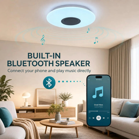 Smart Ceiling Light With Bluetooth Speaker 19.7 Inch 36W Dimmable 95 To 265V Energy Saving Modern Home Party Lighting Control Brightness And Music Via Phone App And Remote