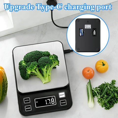 Waterproof Pro Grade Digital Kitchen Scale With IP67 Rating 10Kg Capacity 0.1g Precision Type C Rechargeable with broccoli
