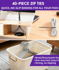 40-piece zip ties in use securing cables and organizing hangers with text highlighting features like no-slip binding and one-way lock.
