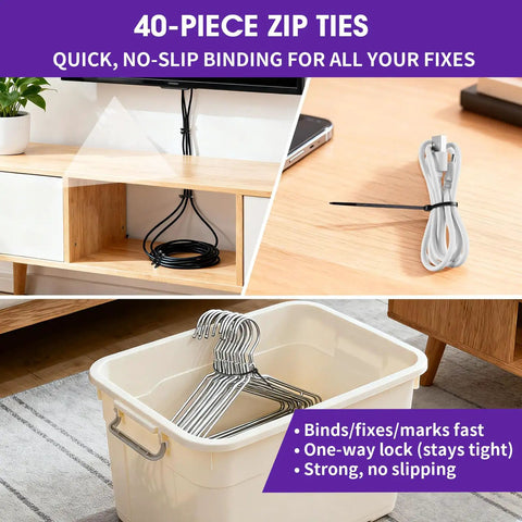 40-piece zip ties in use securing cables and organizing hangers with text highlighting features like no-slip binding and one-way lock.