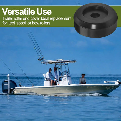 Boat Trailer Keel Roller End Caps 3.5 Inch Black Rubber Fits Keel Spool Rollers, showing a boat on water