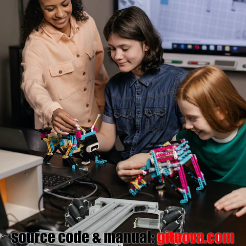 Front view of a toy robot car chassis kit with colorful plastic beams and 97mm Mecanum wheels.