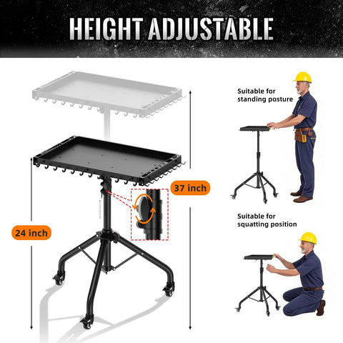 Height Adjustable Rolling Tool Cart With Wheels And Magnetic Tray Holder For Garage Workbench shown at 24 to 37 inches height