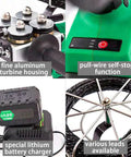 Huge 4 Wheel Drive Electric Wire Threader With Adjustable Speed And Battery showing fine aluminum turbine housing and battery.