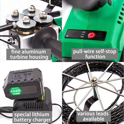 Huge 4 Wheel Drive Electric Wire Threader With Adjustable Speed And Battery showing fine aluminum turbine housing and battery.