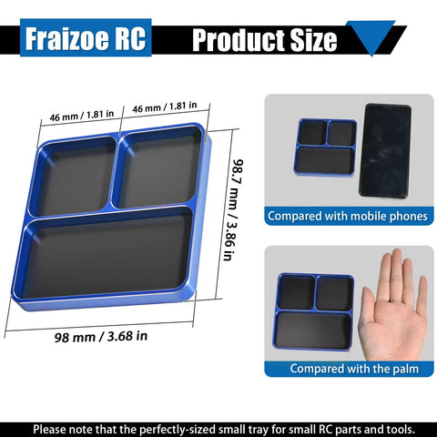 Magnetic Screw Organizer Tray for RC Models, Electronics and Phone Repair, 3 compartment size comparison with phone and hand