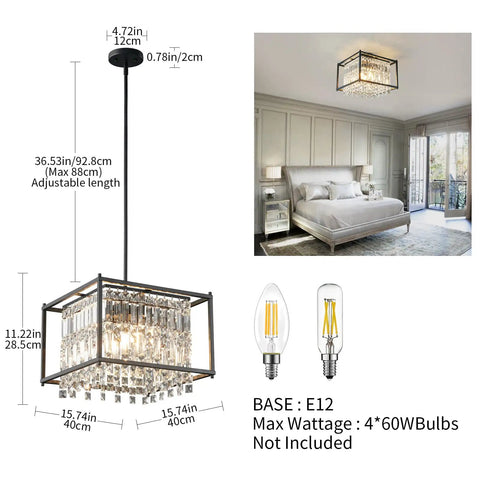 Dope Modern Black Crystal Foyer Pendant Chandelier With Square Metal Frame Adjustable Height Entryway Light Fixture 15.74 In