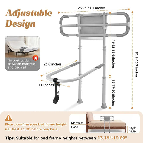 Heavy Duty Adjustable Bed Rail For Seniors With Motion Activated LED Light, 400 Lbs Support, dimensions and installation guide