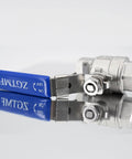 3/4-inch stainless steel full-port ball valve with blue vinyl handle and NPT female x female ports (side view)
