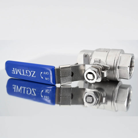 3/4-inch stainless steel full-port ball valve with blue vinyl handle and NPT female x female ports (side view)