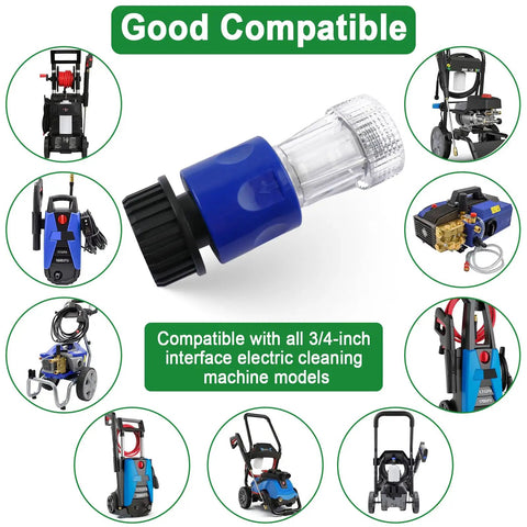 Six Pack Three Quarter Inch Garden Hose To Pressure Washer Adapter With Quick Connect For Easy Setup Compatible With PW909103K Blue Pressure Washer Hose Connector Durable And Hassle Free Attachment surrounded by compatible electric cleaning machines.