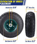 Four Pack 10 Inch Flat Free Airless Tires With Five Eighth Inch Center Bearings For Wheelbarrows Dollies Garden Carts