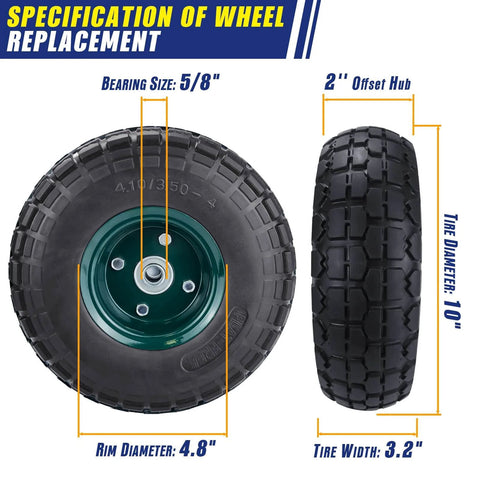 Four Pack 10 Inch Flat Free Airless Tires With Five Eighth Inch Center Bearings For Wheelbarrows Dollies Garden Carts