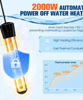 All In One Portable Shower With Heater For Camping And Hiking, 2000W Auto Off Heater feature with temperature graph