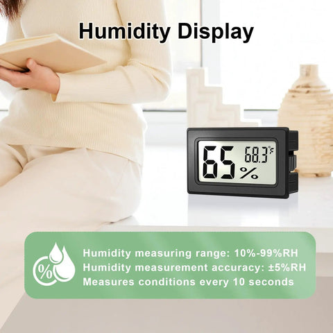 6 Pack Mini Digital Hygrometer And Thermometer Combo For Home Fridge And Reptile Tanks With Built In Probe Fahrenheit Readings Easy Read Humidity Gauge And Temp Monitor Compact Indoor Climate Meter, black display showing humidity