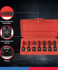 Three Eighths Inch Drive Allen Socket Set, 7 Piece, 3 Inch Length, Impact Hex Bit Sockets, in red case with size markings.