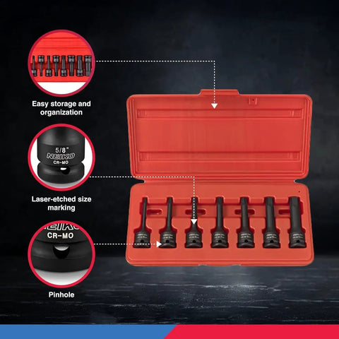 Three Eighths Inch Drive Allen Socket Set, 7 Piece, 3 Inch Length, Impact Hex Bit Sockets, in red case with size markings.