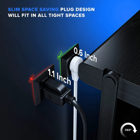 1 Ft 360 Degree Rotating Flat Plug Extension Cord With 3 Outlets 16 AWG Grounded Wire Three Prong Power Cord For Home Office On The Go White UL Certified 3 Pack showing slim plug in tight space