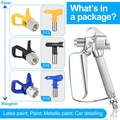 Heavy Duty Airless Paint Spray Gun 3 Pack With 513 515 519 Tips for smooth coverage and precision painting.