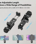 Bangin Universal Phone Holder Mount With Cold Shoe And Quick Release Clamp Rock Steady For Professional Cameras And Heavy Duty Tripods showing adjustable clamp for 57-88mm phones.