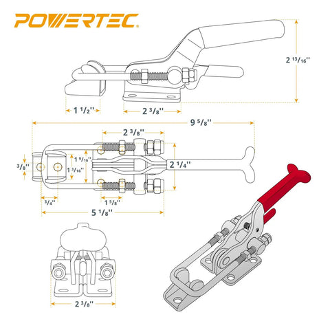 Diagrams showing dimensions of 28 Piece Toggle Clamp Set With 2000 Lb Holding Power Adjustable U Bolt Latch And Anti Slip Hand Grip Built To Last Heavy Duty Clamps For Woodworking Jigs And Fixtures Automotive Projects Cabinets And Tool Boxes