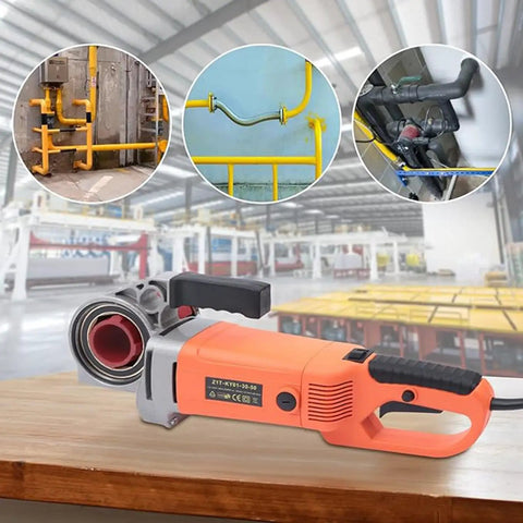 Heavy Duty Electric Pipe Threader Featuring All Copper Motor And Six Quick Change Heads, shown with pipes in background.