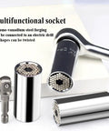 Premium Universal Socket Set 7-19mm Magic Wrench Kit For Auto Repair And Home Projects Heavy Duty Chrome Vanadium Steel Fits Messy Bolts Nuts And Screws With Hex Adapter Ratchet Option Easy Fix Tools shown with drill adapter and sockets