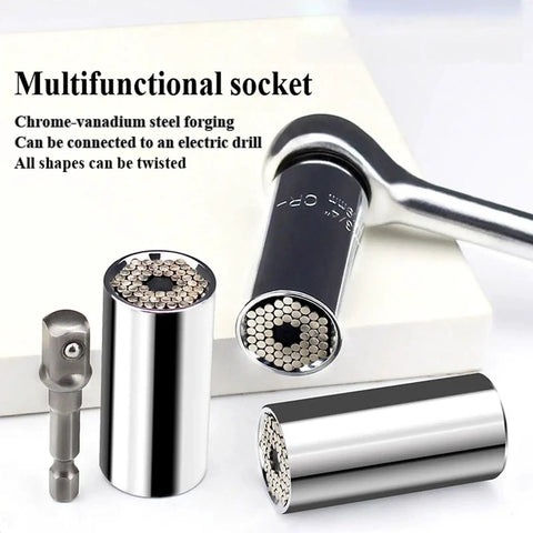 Premium Universal Socket Set 7-19mm Magic Wrench Kit For Auto Repair And Home Projects Heavy Duty Chrome Vanadium Steel Fits Messy Bolts Nuts And Screws With Hex Adapter Ratchet Option Easy Fix Tools shown with drill adapter and sockets