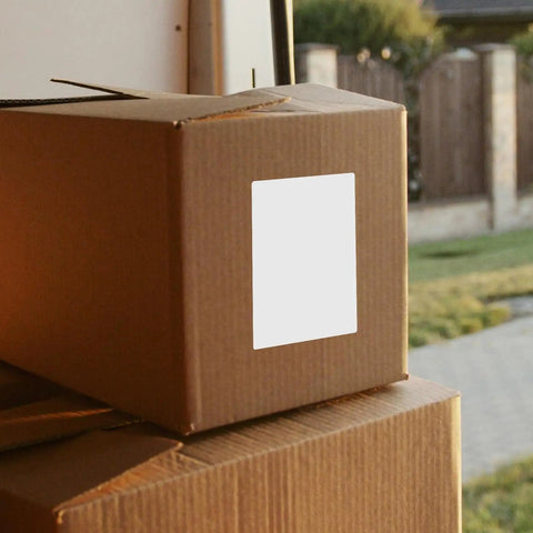 Strong Adhesion Sticker Labels Set With 160 White Synthetic Paper Sheets on a shipping box outdoors