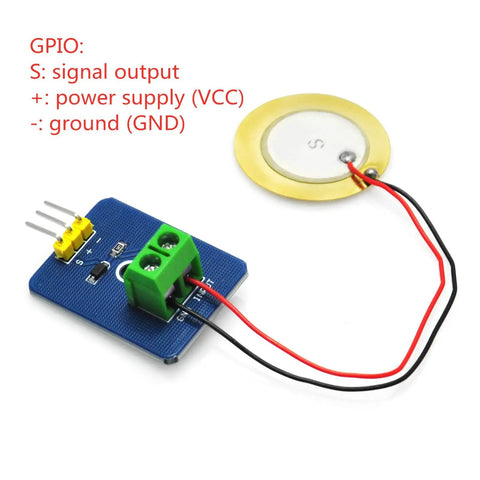 Analog Piezo Vibration Sensor Module for Arduino DIY Kit Plug And Play Ceramic Piezo Disc With Analog Output Dope For Prototyping Robots And Vibration Sensing Projects Case Pack Of Five EK1952, blue module with wired piezo disc