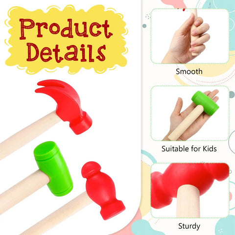 Three Piece Toy Hammer Set, Red Claw Hammer, Green Big Hammer, Red Small Hammer for Pretend Play, Kid Friendly Plastic Maintenance Tools for Kids Birthday Party Supplies and DIY Playtime Fun. Smooth plastic kids hammer set