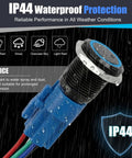 Two Pack 16mm Push Button Switch 12V DC Latching On Off Waterproof LED Blue with Bright Ring, IP44 waterproof metal switch in rain