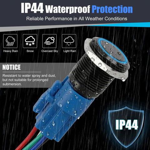 Two Pack 16mm Push Button Switch 12V DC Latching On Off Waterproof LED Blue with Bright Ring, IP44 waterproof metal switch in rain