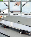 12V Variable Speed Industrial Conveyor Belt System With Controller 116 RPM Motor Heavy Duty Built To Last Pro Grade Aluminum And PVC Frame For Industrial And DIY Projects Compact 19 7 By 3 9 Inches showcasing wear resistance, flexibility, and waterproof features on table display.