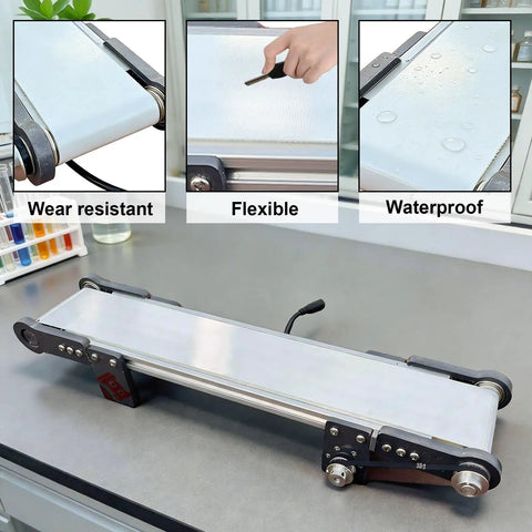 12V Variable Speed Industrial Conveyor Belt System With Controller 116 RPM Motor Heavy Duty Built To Last Pro Grade Aluminum And PVC Frame For Industrial And DIY Projects Compact 19 7 By 3 9 Inches showcasing wear resistance, flexibility, and waterproof features on table display.
