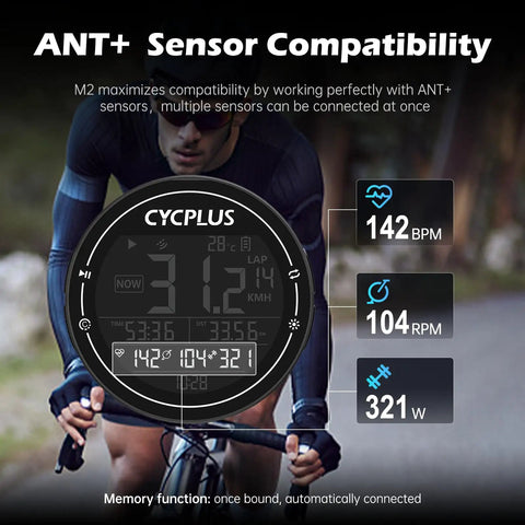 Cyclist using GPS Bike Computer With Wireless Connectivity, ANT Plus And Bluetooth Speedometer Odometer on handlebars.
