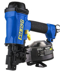 Workhorse Pneumatic 15 Degree Coil Roofing Nailer With One Quarter Inch NPT Swivel Fitting And Bag Drives Three Quarter Inch To One And Three Quarter Inch Nails For Asphalt And Cedar Shingles Roof Sheathing Siding Underlayment Fences, shown from the side, blue and black design.
