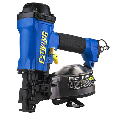 Workhorse Pneumatic 15 Degree Coil Roofing Nailer With One Quarter Inch NPT Swivel Fitting And Bag Drives Three Quarter Inch To One And Three Quarter Inch Nails For Asphalt And Cedar Shingles Roof Sheathing Siding Underlayment Fences, shown from the side, blue and black design.