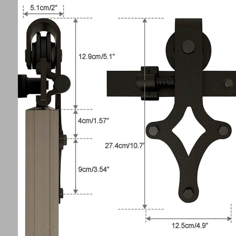 Side and front view of 7 Ft Sliding Barn Door Hardware Kit With Floor Guide, Heavy Duty Modern Style, Holds Up To 330 Lbs.