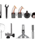 Accessories for Built Like A Tank Compact Router, including collets, wrenches, and guide attachments for woodworking tasks.