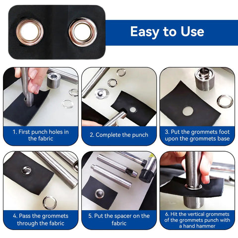 Step-by-step use of All In One Grommets And Eyelets Kit For Leather Craft And Sewing 420 Pcs 3mm Grommets.