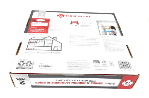Packaging of Combo Smoke And Carbon Monoxide Alarm With Interconnect, Hardwired Power, Battery Backup, Voice And Location Alerts, Model SMCO100V-AC, 2-Pack.