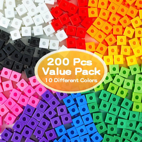 200 Piece Kids Linking Cubes Set For Math And STEM Building Blocks displayed in multicolor arrangement