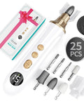 Top Shelf Electric Nail File Kit With Fifteen Speed Settings To Knock Out Stubborn Calluses And Rough Toenails Smooths Fragile Fingernails And Cuticles At Home Without Breaking A Sweat Ideal For Men Women Or Seniors, includes tools and packaging.