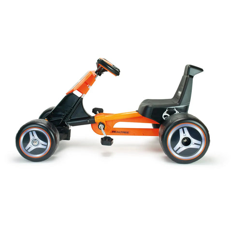 Side view of Realtree Licensed Pedal Go Kart for kids ages 3 to 6 with easy pedals, smooth rolling wheels, and durable steel frame.