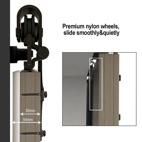 Close-up of smooth sliding mechanism for 7 Ft Sliding Barn Door Hardware Kit With Floor Guide, Heavy Duty Modern Style, 1.875 In Thick Frosted Black Steel Track.