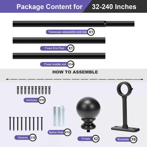 Package contents of One Inch Adjustable Heavy Duty Curtain Rod With Extra Long Range From 30 To 240 Inches in matte black finish