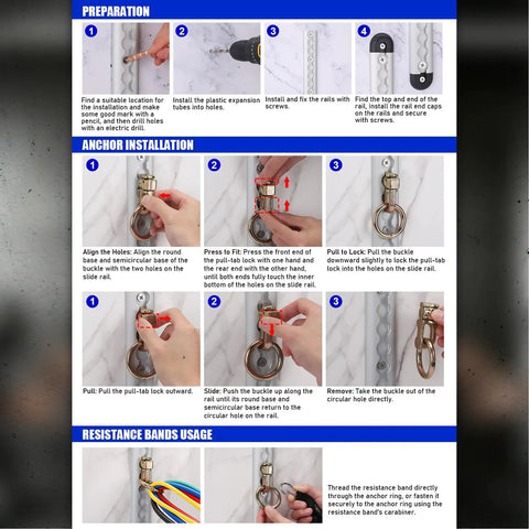 Installation instructions for Wall Hook Resistance Band Mount System For Home Gyms Rock Solid Anchoring Hardware and setup.
